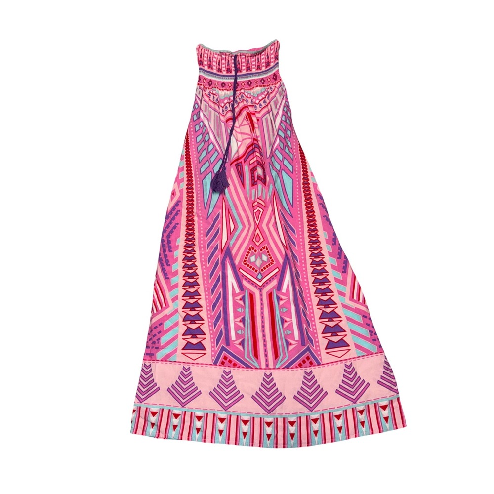 Charming Charlie Pink Geometric Tribal Print Smocked Maxi Skirt Tassel Boho M